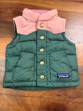 Patagonia Baby 3-6M Down Puffer Vest Green Pink Snap Front
